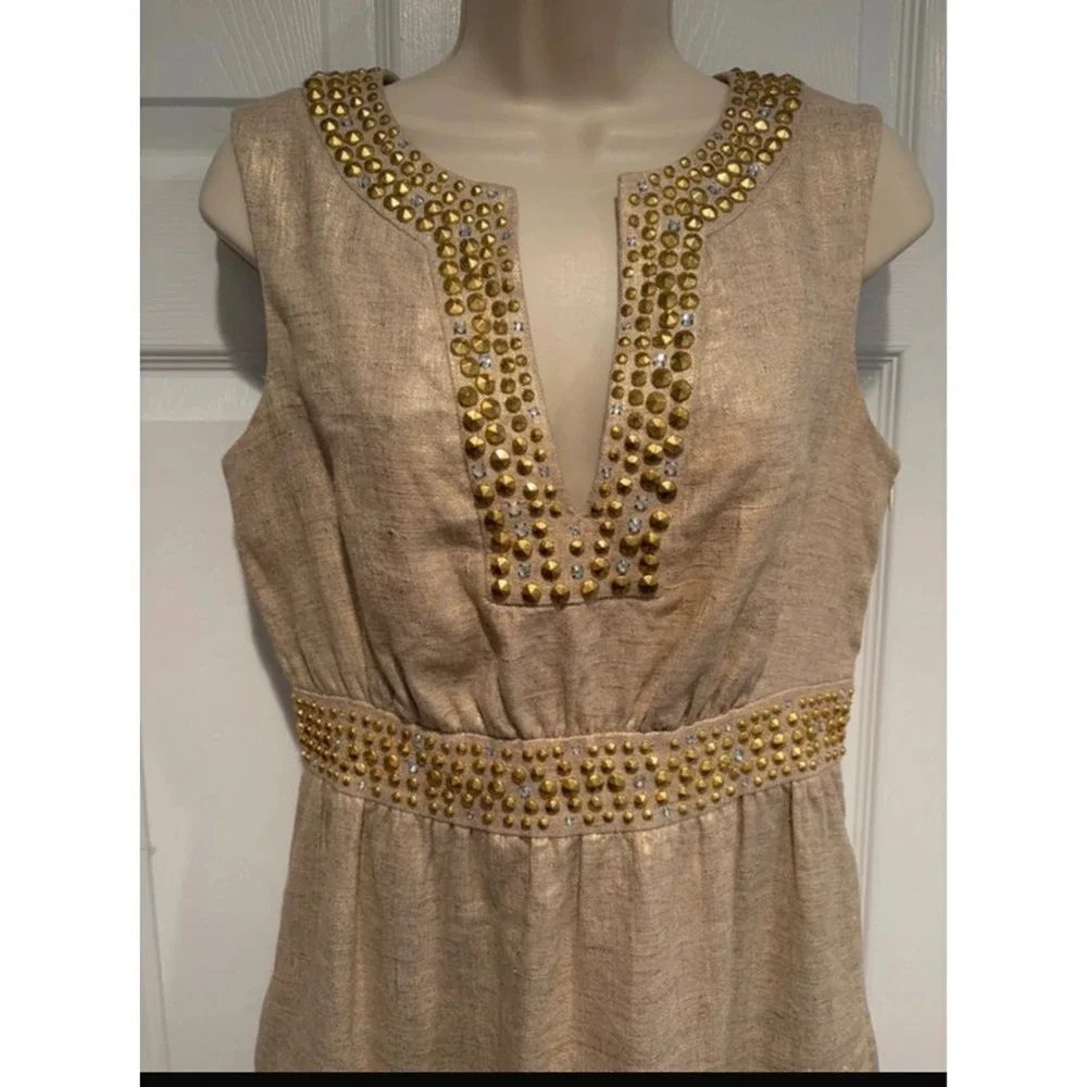 Kate Spade New York Gold Metallic Linen Studded Sheath Dress NJMU1225 Womens 4